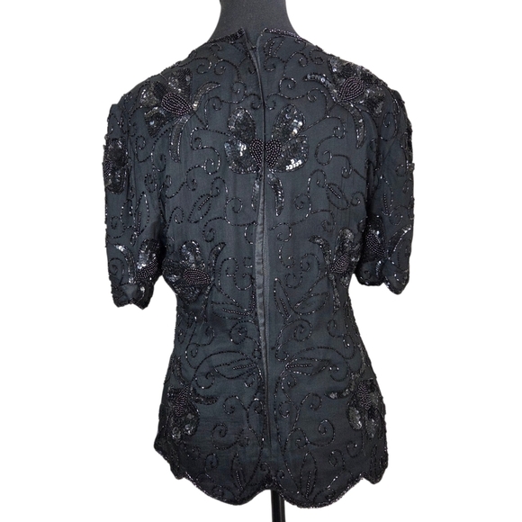 Stenay Black Beaded Floral Silk Blouse With Scalloped Sleeves And Hem Size Small - Picture 7 of 7